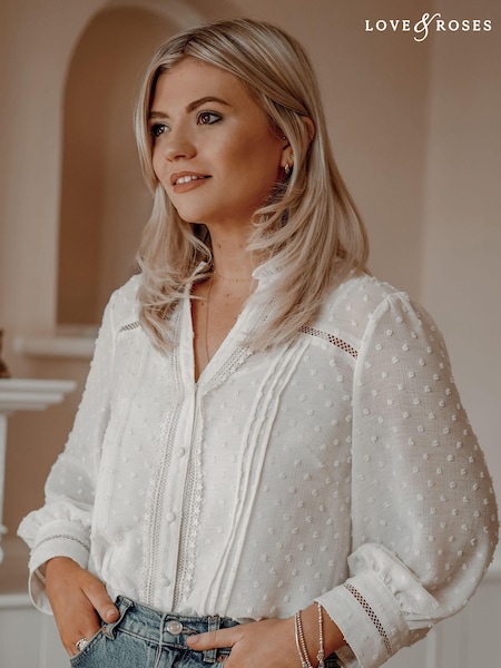 Love & Roses Ivory Dobby Polka Dot Lace Trim 3/4 Sleeve Button Through Blouse (R07720) | $54