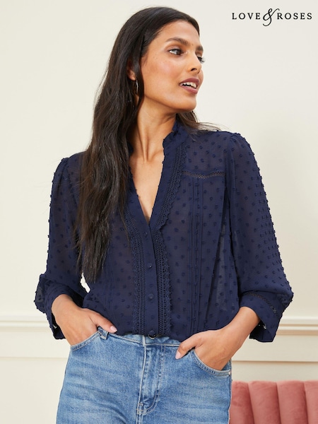 Love & Roses Navy Dobby Spot Lace Trim 3/4 Sleeve Button Through Blouse (R09046) | €13