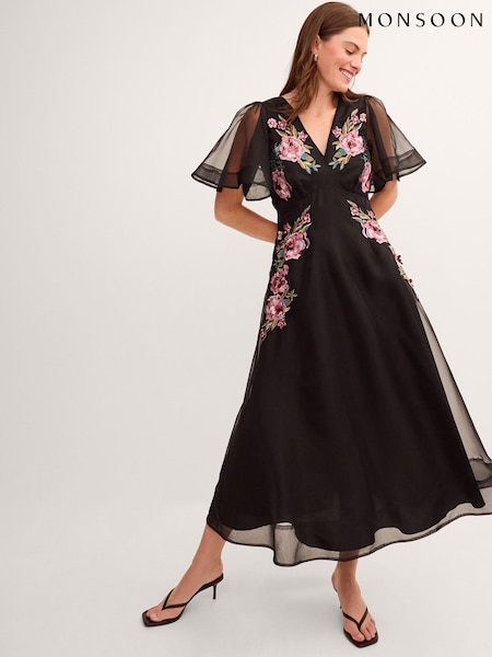 Czarny - Monsoon Felicity Floral Embroidered Midi Dress