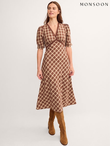 Brown - Monsoon Frankie Check Print Midi Dress