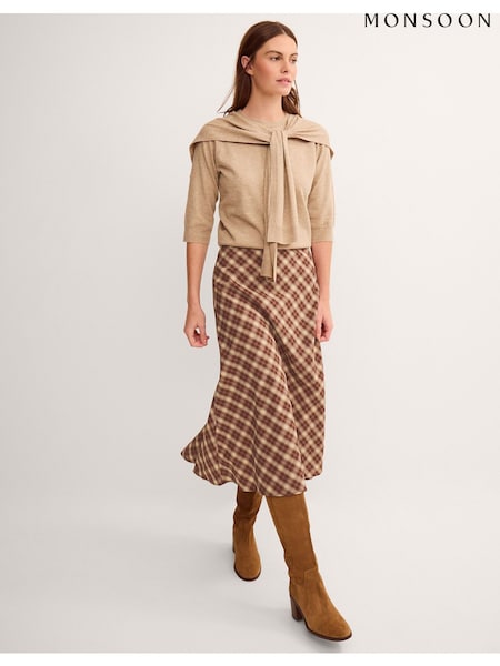 Brown - Monsoon Frankie Check Print Midi Skirt