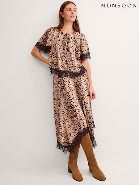 Brown - Monsoon Babette Leopard Print Midi Slip Skirt