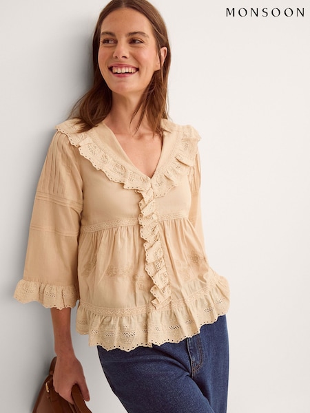 棕色 - Monsoon Petra Embroidered Ruffle Blouse