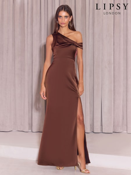 Chocolate Brown - Lipsy Bridesmaid Satin One Shoulder Fit And Flare Maxi Dress