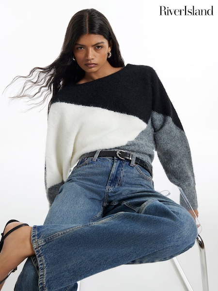 Black - River Island Long Sleeve Blocked Batwing Jumper
