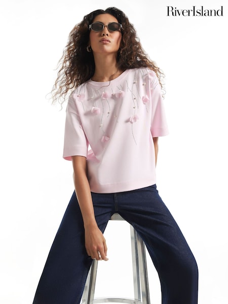 Rožinė - River Island Petal Embellished T-shirt