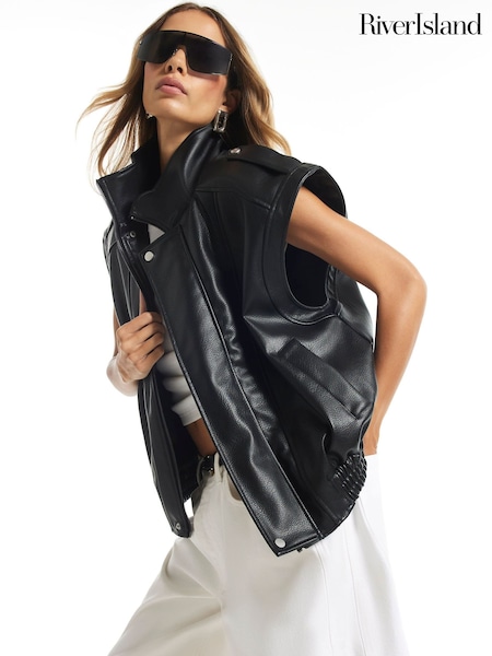 أسود - River Island Biker Detail Funnel Gilet