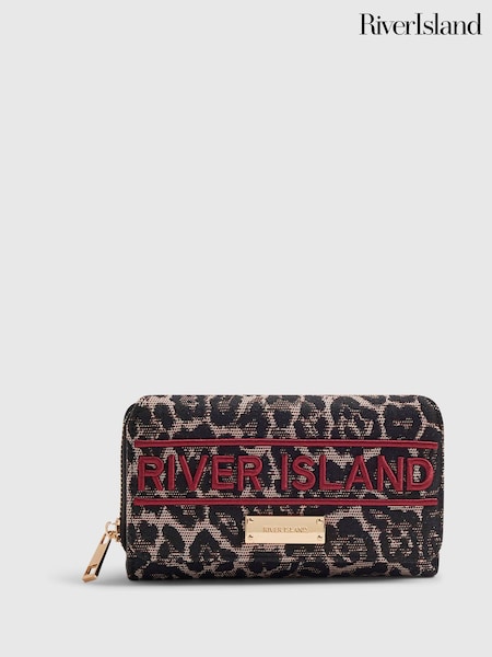 Brown - River Island Leopard Jacquard Logo Flap Purse