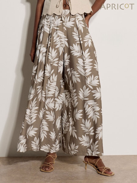 Natural - Apricot Leaf Print Pleated Culotte Trousers