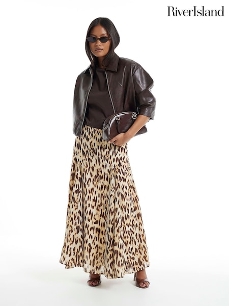 Brown - River Island Petite Animal Godet Midi Skirt