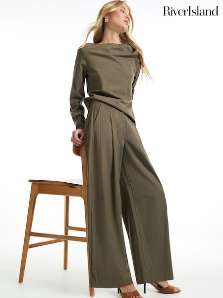 Green - River Island Stripe Barrel Leg Trousers