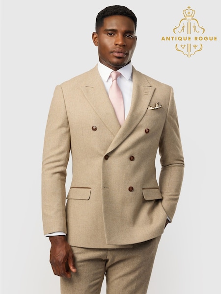 Natural - Regular Antique Rogue Slim Fit Baxter Camel Herringbone Double Breasted Jacket