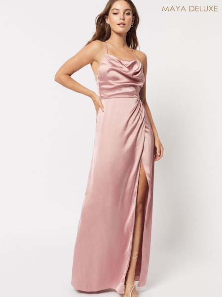 Светло-розовая - Maya Cowl Neck Cross Back Satin Maxi Dress (R23677) | €35