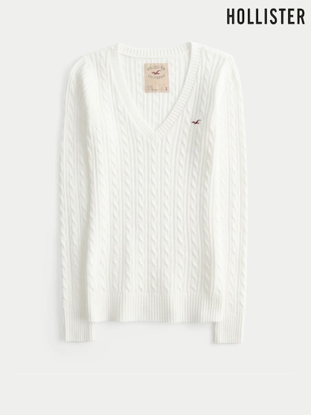 White - Hollister Cable V-neck Jumper