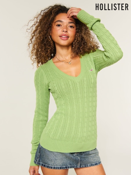 Zeleno - Hollister Cable V-neck Jumper
