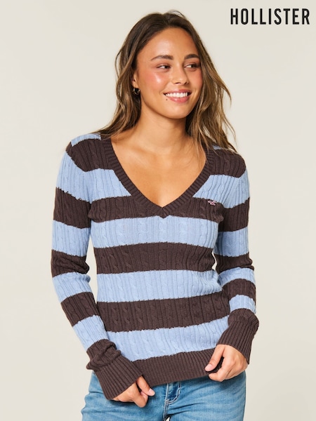 Brown - Hollister Cable V-neck Jumper