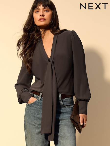Chocolate Brown - Scarf Long Sleeve V-neck Blouse