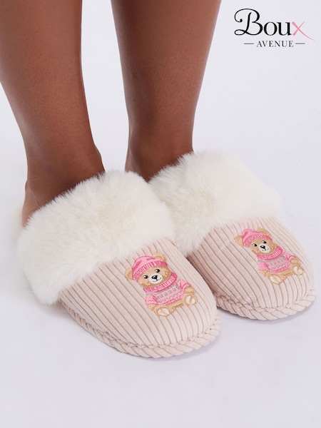 White - Boux Avenue Teddy Embroidered Fluffy Mule Slippers