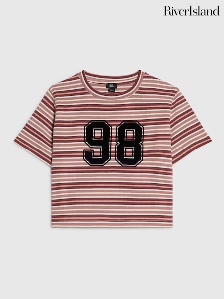 Қызғылт - River Island Stripe Number Boxy Fit Crop T-shirt