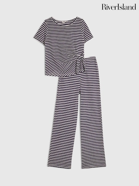 Blue - River Island Stripe Textured Tie Top & Short Set