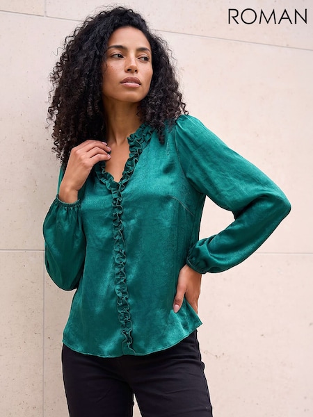 Жасыл - Roman Crinkle Satin Frill V-neck Top