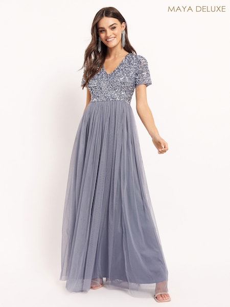 Синий - Maya V Neck Short Sleeve Sequin Maxi Dress (R31082) | €56