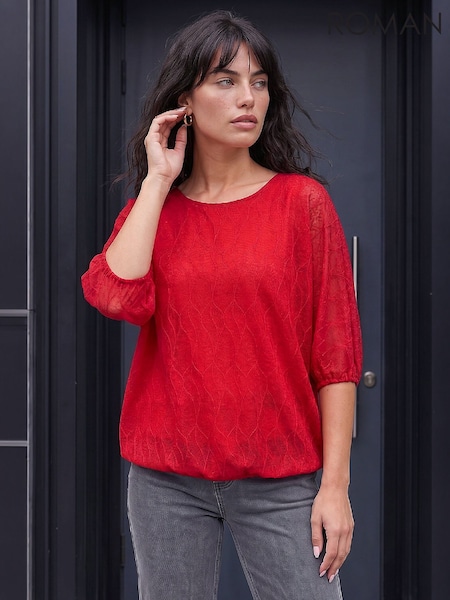 Red - Roman Mesh Bubble Hem Stretch Top