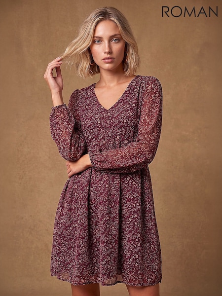Rød - Roman Ditsy Print Smock-kjole