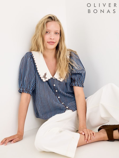 Blue - Oliver Bonas Striped Scalloped Collar Blouse