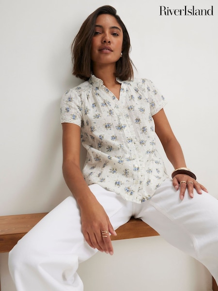 Cream Floral - River Island Short Sleeve Button Front Blouse