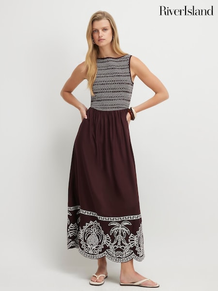 Brown - River Island Sleeveless Boat Neck Embroidered Hem Midi Dress