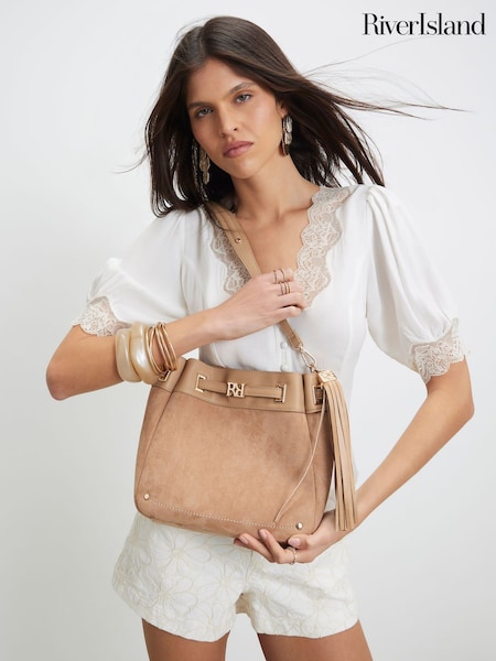 Castanho - River Island Faux Suede Tassel Bucket Bag