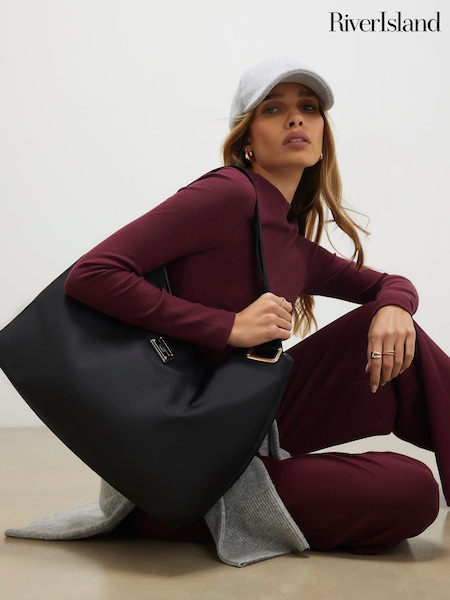 Black - River Island Nylon Slouch Shoulder Bag