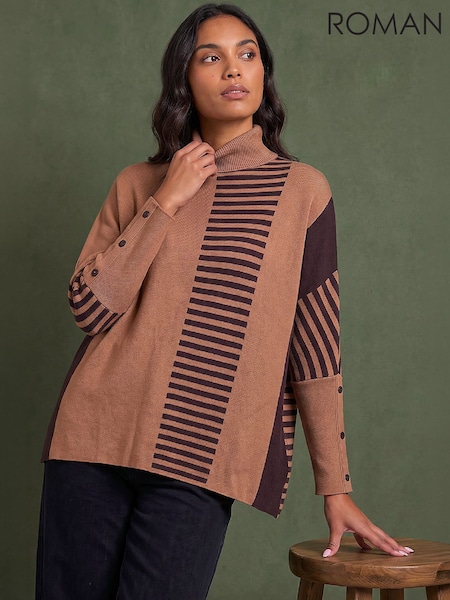 Brown - Roman Stripe Colour Block Jumper