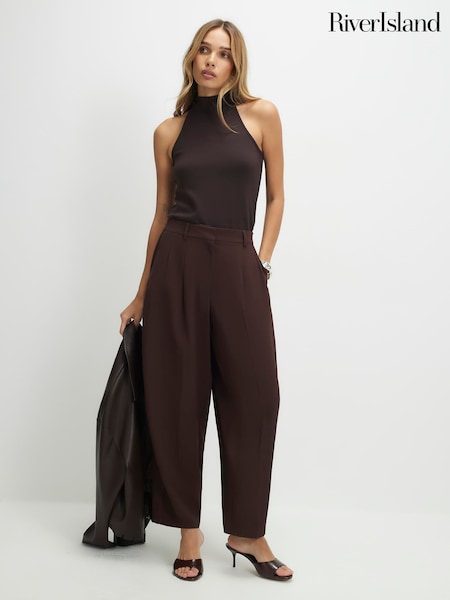 Brown - River Island Mid Rise Drape Pleated Barrel Leg Trousers