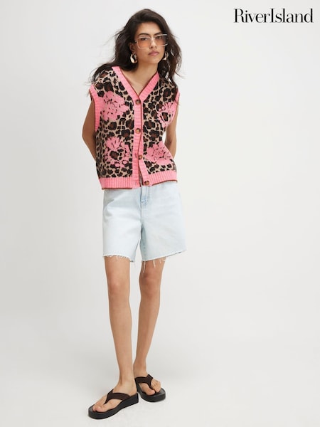 Қызғылт - River Island жеңсіз барыс өрнегі бар гүлді тоқылған желетке