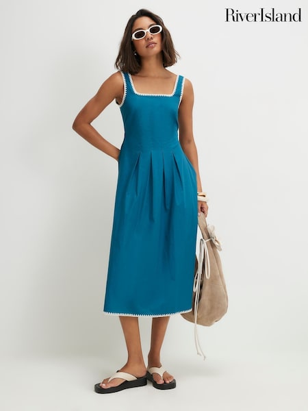 Blue - River Island Sleeveless Whipstitch Pleated Poplin Midi Dress