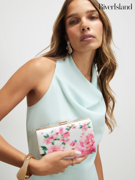White - River Island Floral Hard Shell Clutch Bag