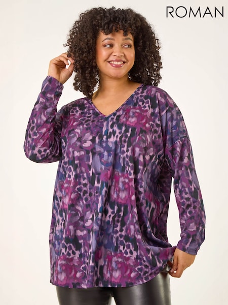 Purple - Roman Curve Printed Stretch Tunic Top