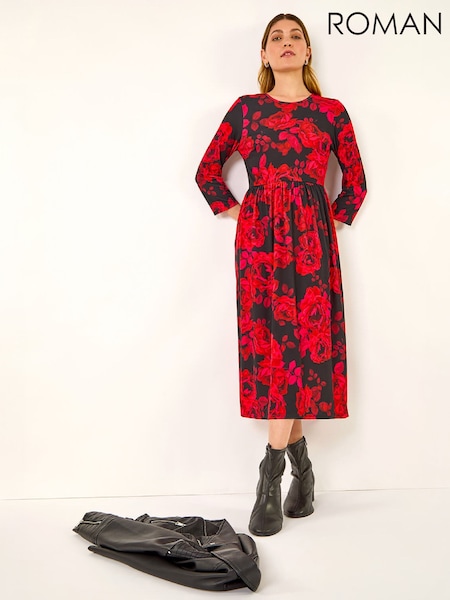 Crveno - Roman Rose Print Gathered Elastično Midi haljina