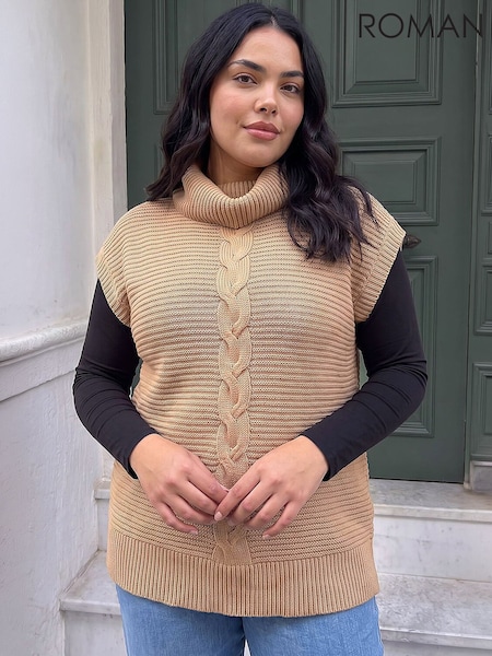 Camel Brown - Roman Curve High Neck Tabard Knit Top