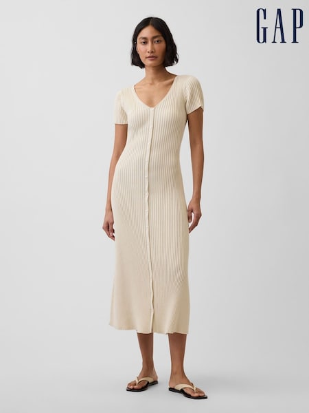 Beige - Gap Rib Button-front Maxi Knitted Dress