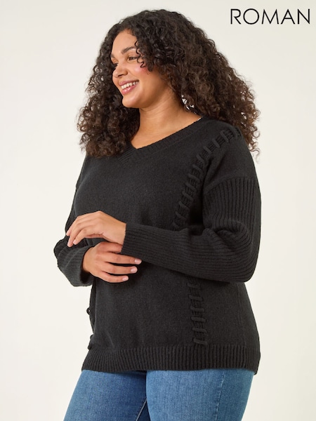 Black - Roman Curve Stitch V-neck Knit Jumper