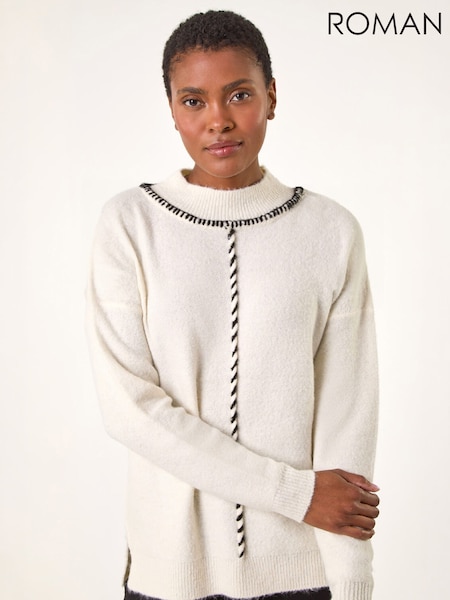 White - Roman Funnel Neck Seam Detail Jumper