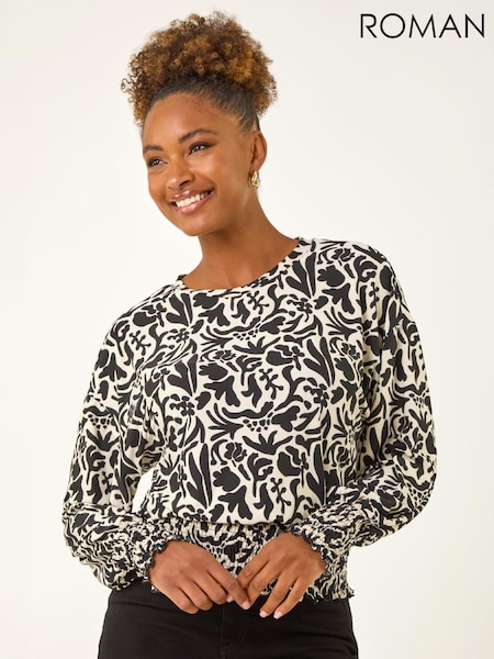 Black - Roman Abstract Print Stretch Top