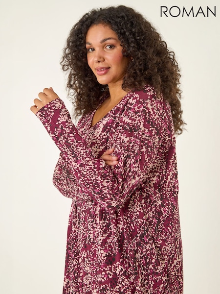 Červená - Roman Curve Spot Print V-neck Stretch Top