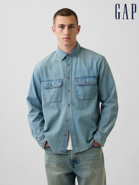 Light Wash - Regular Gap Ultrasoft Denim Relaxed Utility Shirt