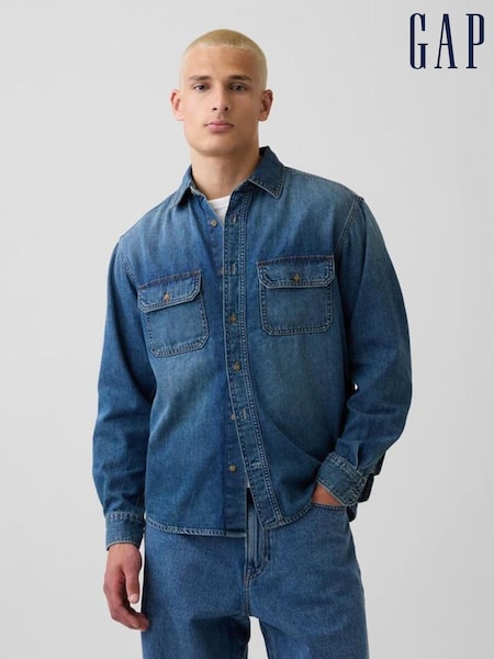 Dark Wash - Regular Gap Ultrasoft Denim Relaxed Utility Shirt