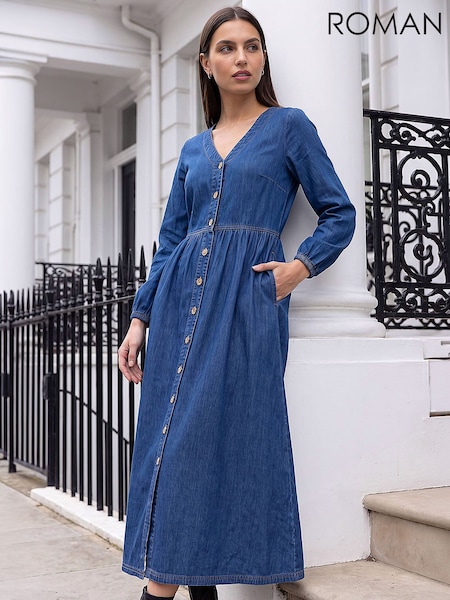 Blue - Roman Denim Button Through Midi Dress