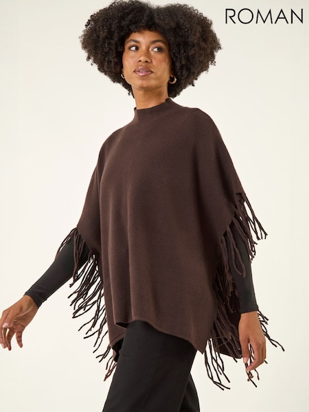 Brown - Roman Fringe Hem Knit Poncho